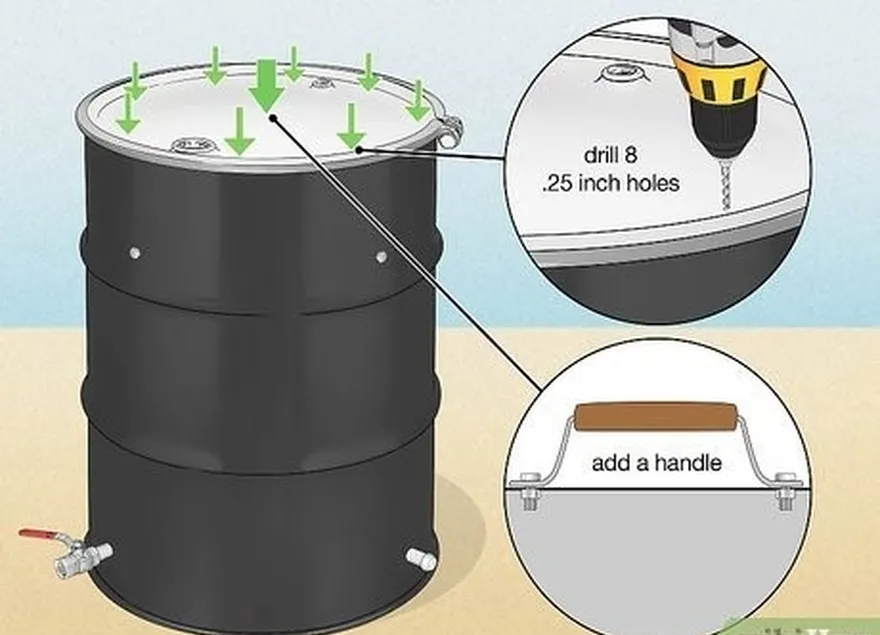 шаг 5 просверлите 8 отверстий диаметром 0,25 дюйма (0,64 см) в крышке бочки и установите ручку.