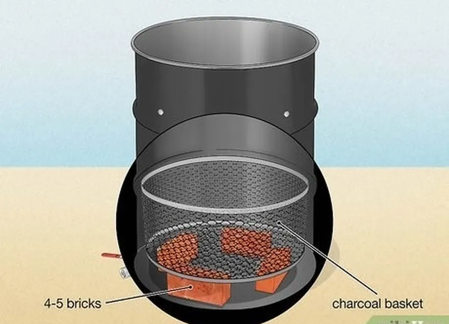 шаг 6 установите корзину для древесного угля диаметром 22 дюйма (56 см) на 4-5 кирпичей внутри барабана.