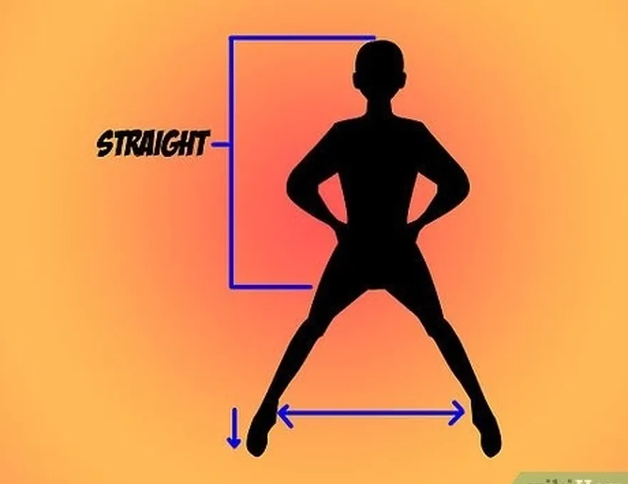 шаг 1 встаньте прямо, затем разведите ноги в стороны, следя за тем, чтобы стопы были направлены вперед.