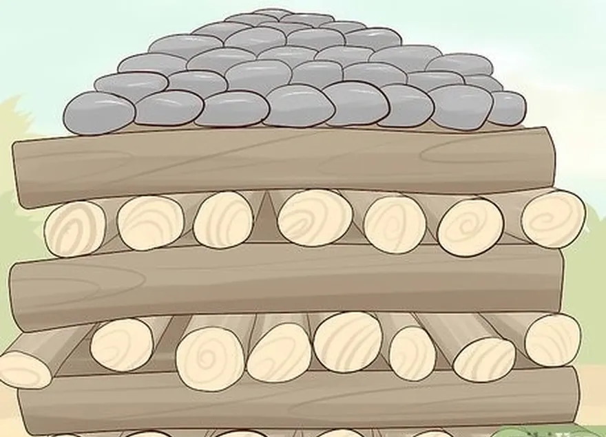 шаг 5 сложите дрова и вулканические камни на землю, чтобы сделать костер.